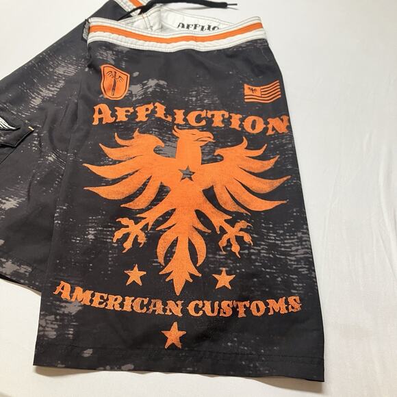 Affliction Board Shorts Black Orange Distressed Patches Swim Trunks Size 36 - Picture 6 of 16